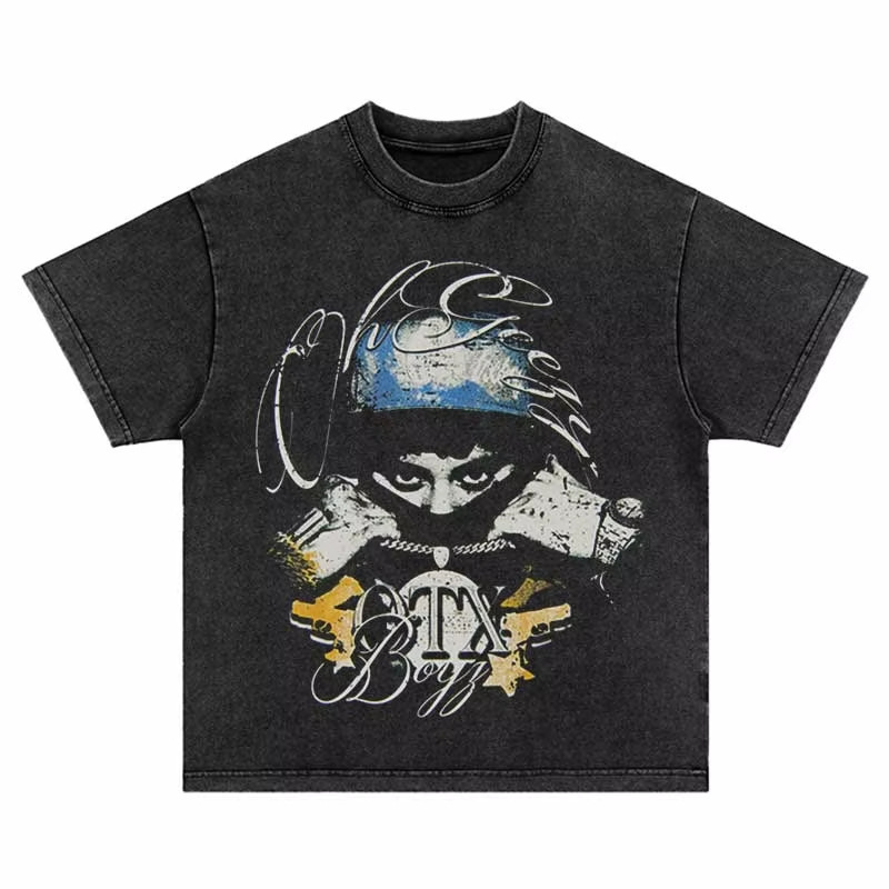 Hip-Hop Style Men's T-Shirt with Red Hat Pattern Print, 240g, Washed and Distressed, Direct Print American Style T-Shirt for Men
