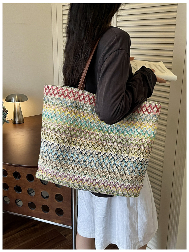 Women's Large Woven Tote Bag Shoulder Bag With Contrast Texture_voghion.com
