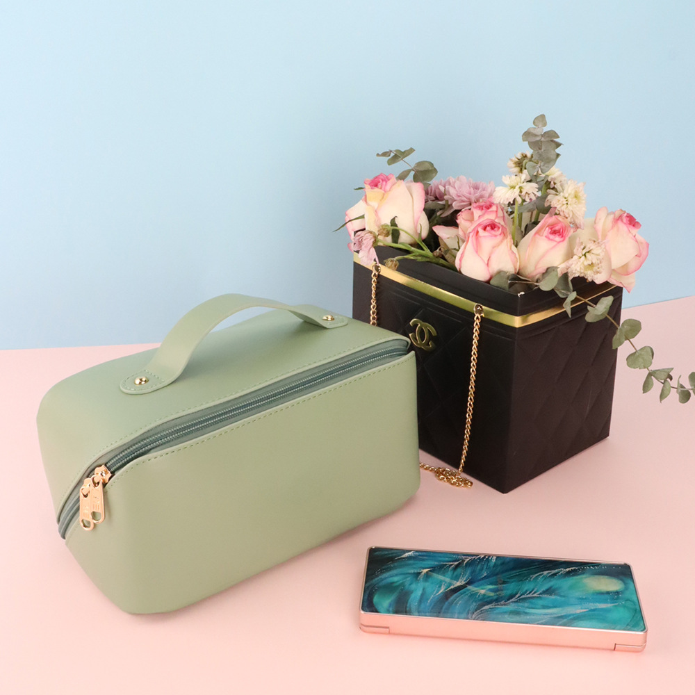 Bolsa de cosméticos de pu transfronteriza cuidadosamente seleccionada, caja de cosméticos portátil de alta calidad de gran capacidad, bolsa de almacenamiento y lavado portátil para mujer