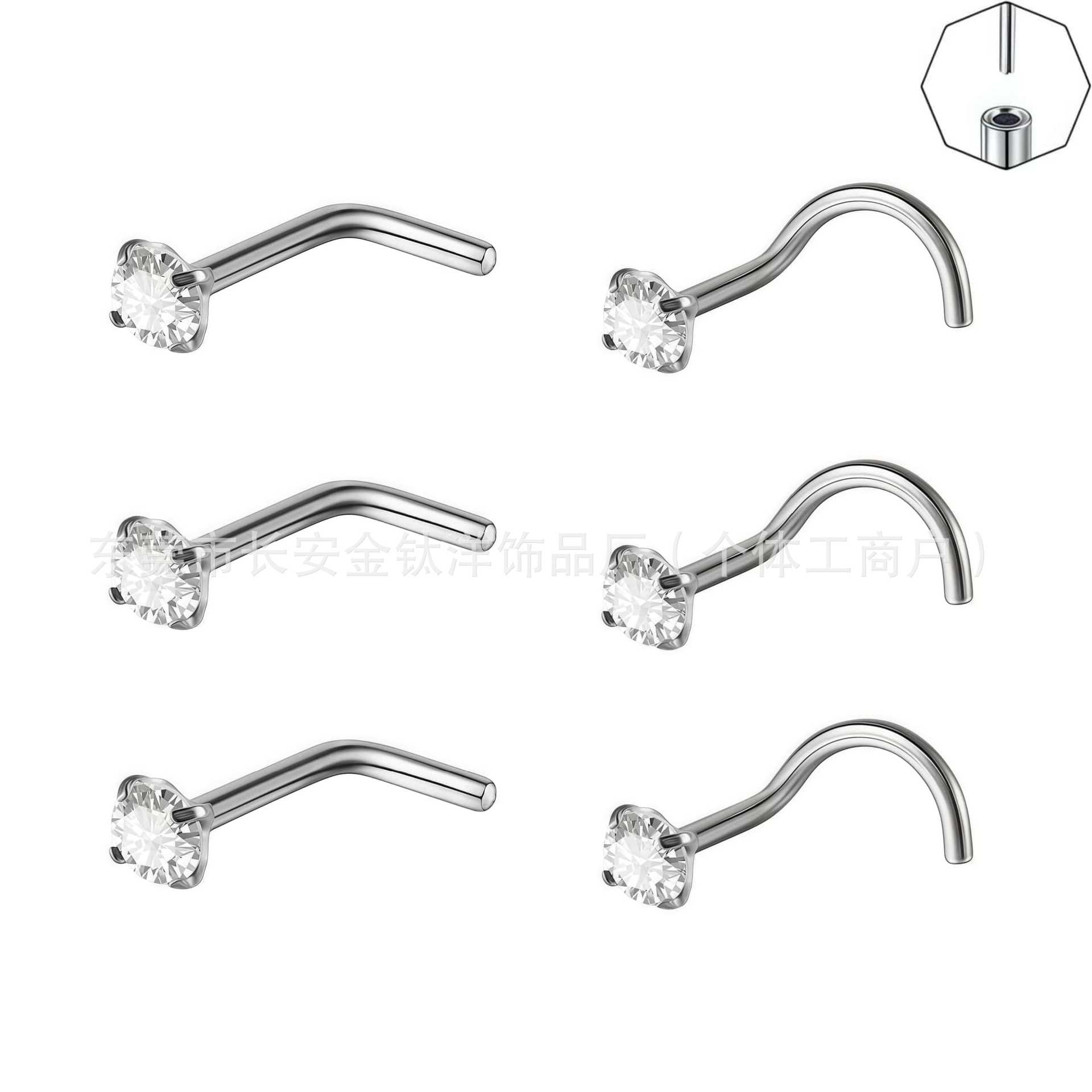 F136 Titanium 5-Shaped L-Shaped Nose Nail Set with 5A Zircon Nose Ring Lip Nail G23 Titanium Alloy Body Piercing Jewelry detail image 7