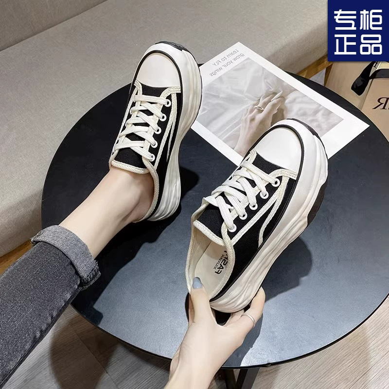 Тапочки с закрытым носком, женская летняя верхняя одежда, 2023 новые парусиновые туфли без каблука, универсальные ленивые полутапочки на толстой подошве, мода