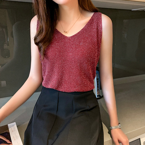 Women's Summer V-Neck Knit Top Outerwear Trendy  New Arrival Batch Supply Thin Pure Color Glitter Tank Top
