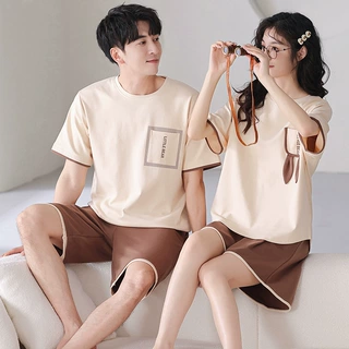 夏季韩版简约休闲睡衣女夏纯棉可外穿短袖套头情侣家居服外穿套装