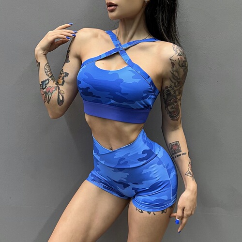 Set of European and American cross-border camouflage sports bra underwear for women's fitness yoga high-waisted tight shorts with a nude feel and no awkward lines