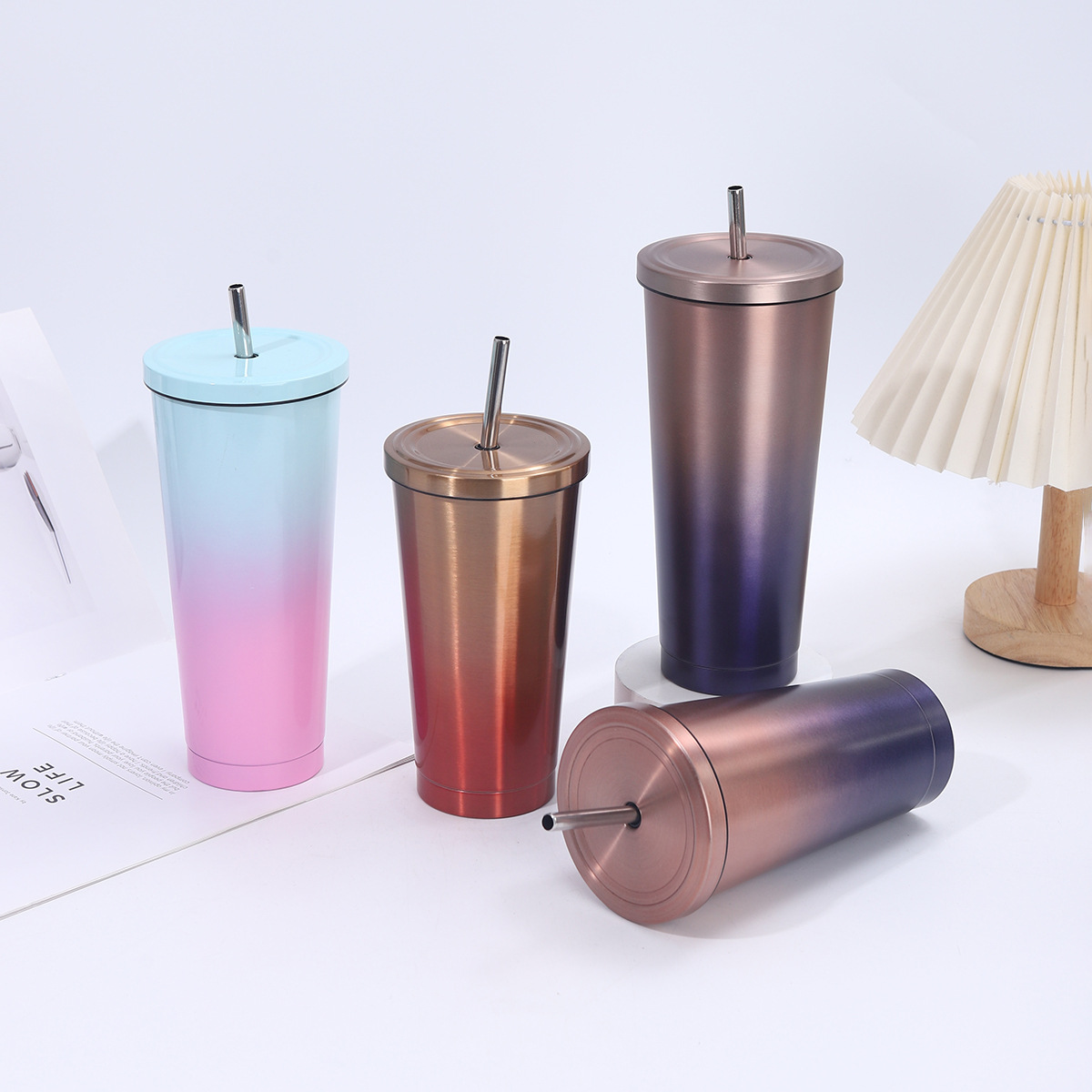 Creativo café degradado 304 taza de vacío de acero inoxidable taza de hielo de gran capacidad taza de paja para exteriores