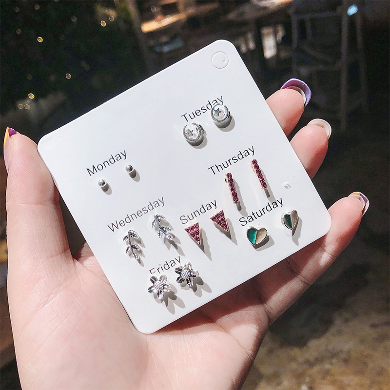 European And American Trend Love Rhinestone Flowers Geometric Leaves Plant Animal Earrings 7 Pairs Set display picture 30