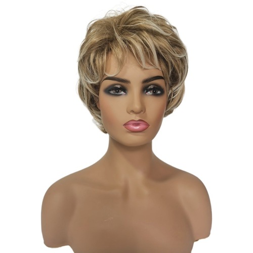 Foreign trade small curly wig, ladies short hair curly wig, golden gradient grandma wig, one piece hair