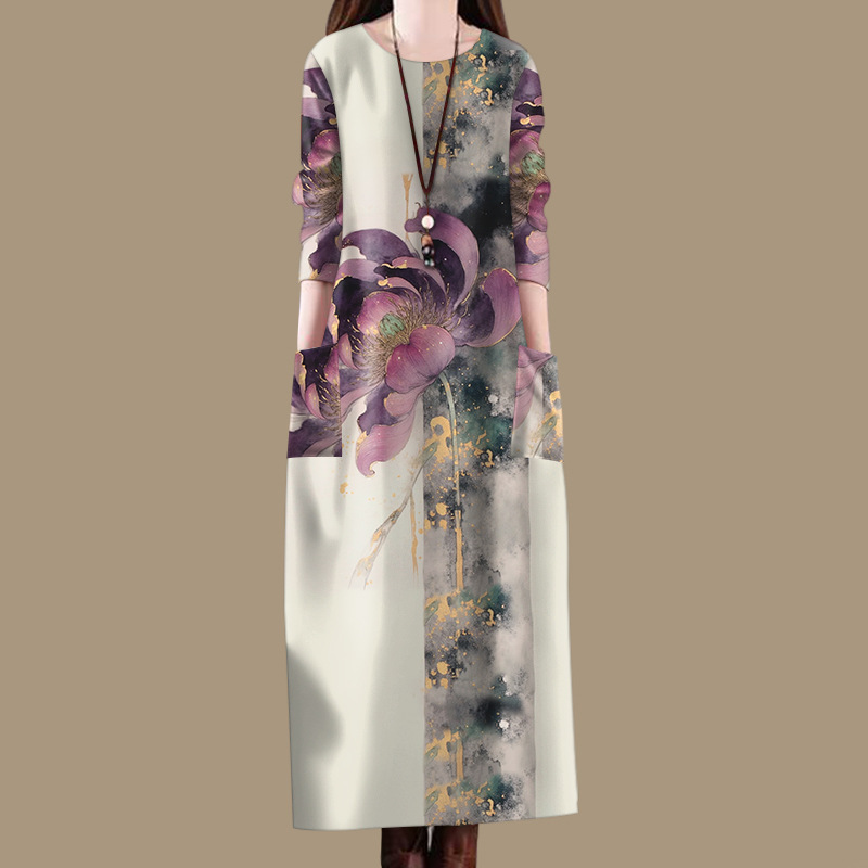 批发2025春秋季爆款女装韩版宽松减龄遮肚妈妈口袋过膝外穿连衣裙