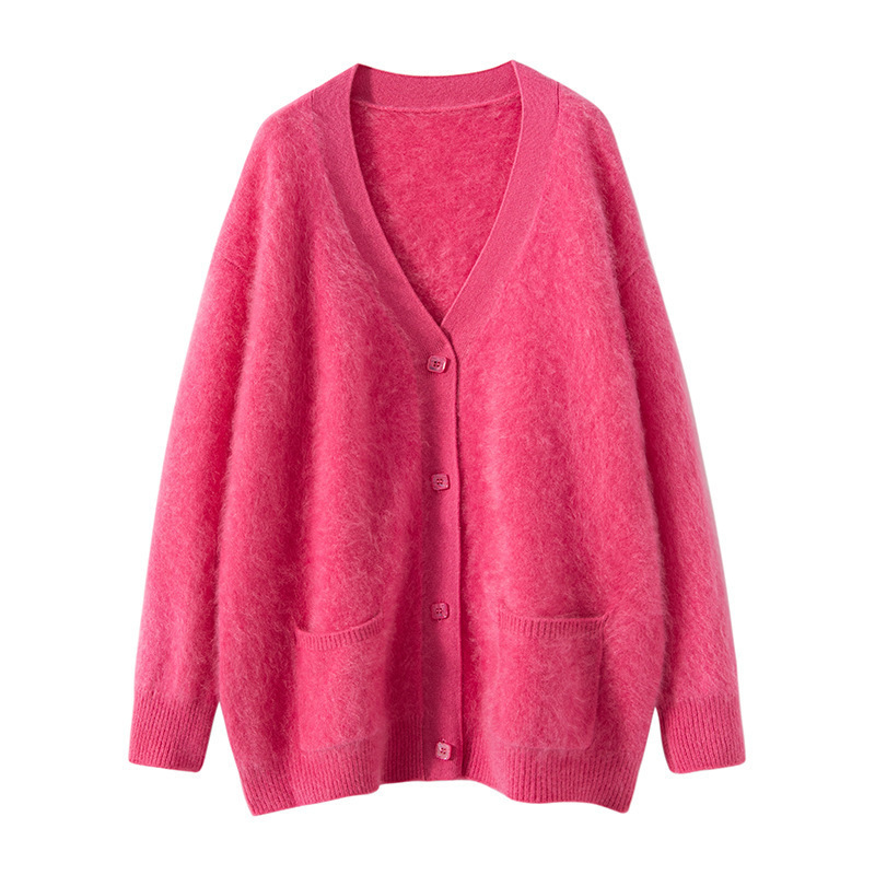Five-needle double-strand thickened 100% cashmere fleece cardigan V-neck jewel-button sweater women's mid-length double-pocket coat
