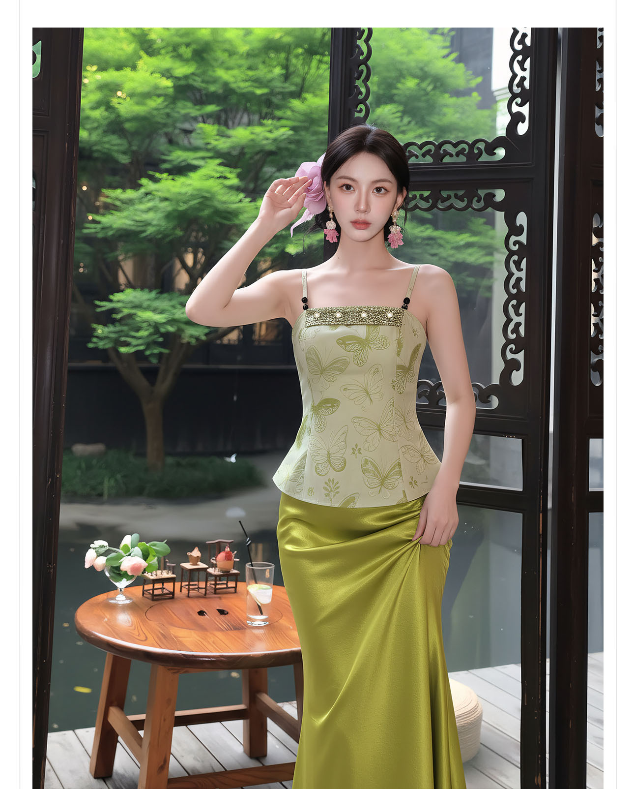 Bộ đầm maxi thắt eo phong cách Tân Trung Hoa thêu ren cổ điển — bộ đồ, Trang chủ, Màu xanh lá cây nửa váy chi tiết 6