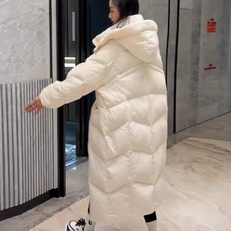 Long down jacket, Korean style, teen fit, hooded, off‑white or black