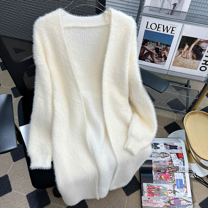 慵懒风毛衣外套女开衫宽松外搭针织大衣长款过膝水貂绒外衣女秋冬|undefined