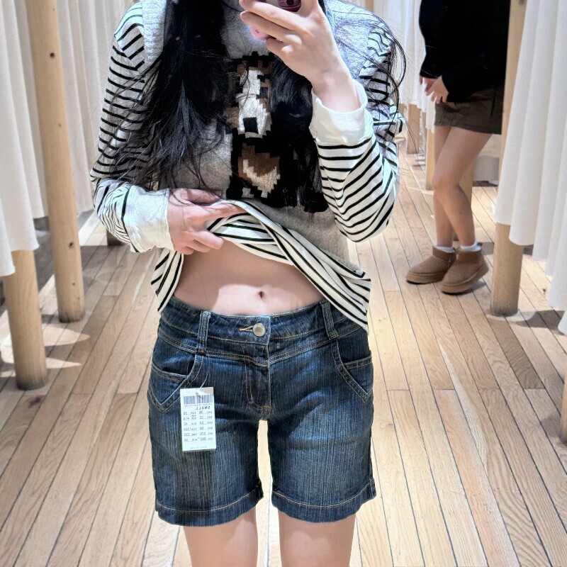 Low-Waist Dark Denim Shorts for Women, Slimming Straight Loose Fit, 2026 Summer New Style, Bm Quarter-Length Shorts, Low-Waist Mid-Length Pants