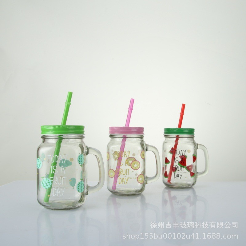 厂家直销水杯带盖带吸管把子公鸡杯玻璃梅森渐变饮料杯带把喝水杯