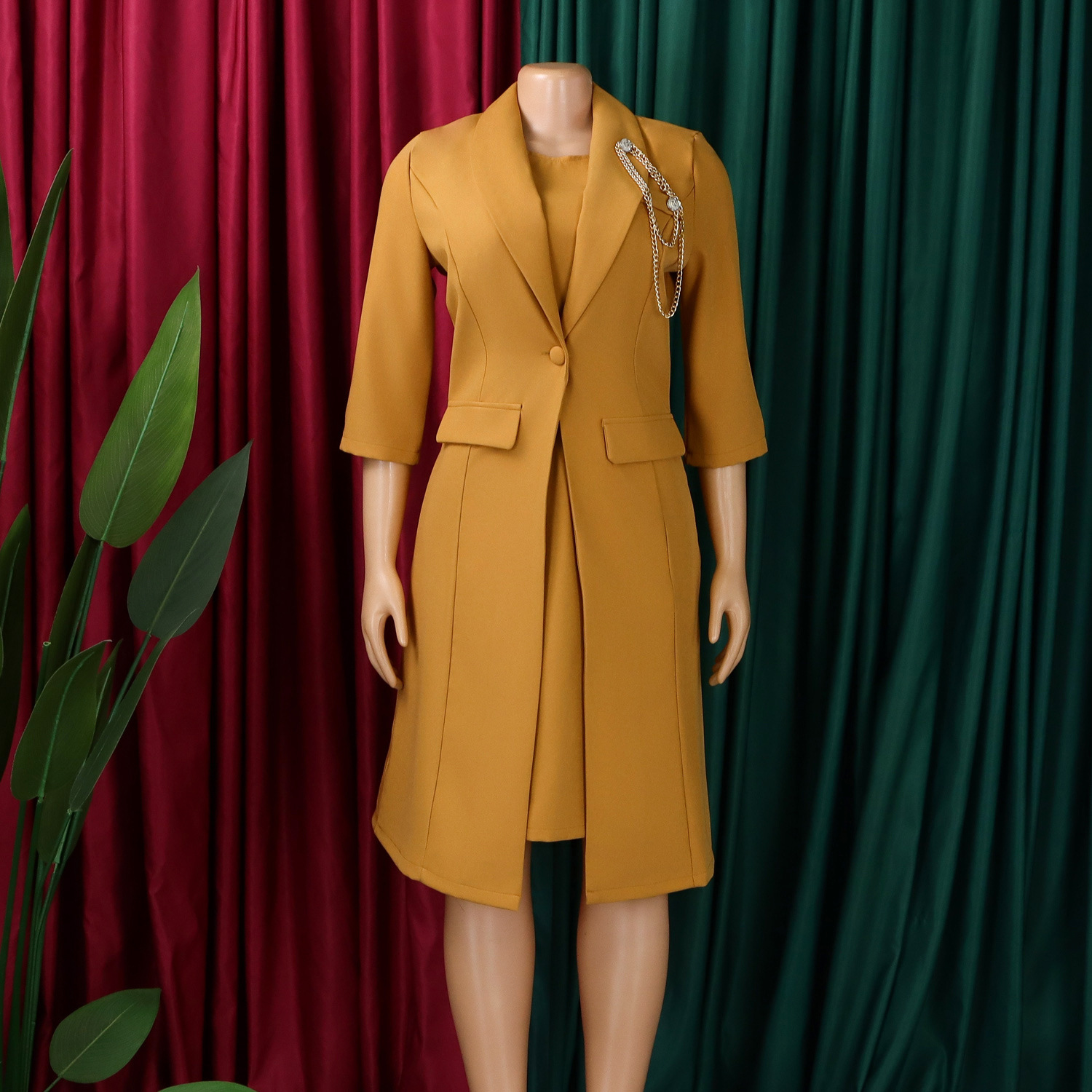 D610 European American Women's Elegant Stretch Slim Fit Solid Color Blazer And Camisole Dress Two-Piece African Fashion_ecoleips.com