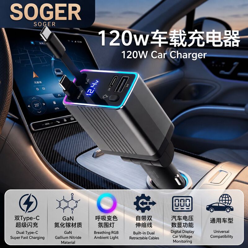 Cross-Border 2026 New Universal Gan Gallium Nitride Car Charger 120W Super Flash Charging Dual Type-C Cigarette Lighter Cross-Border 2026 New Universal Gan Gallium Nitride Car Charger 120W Super Flash Charging Dual Type-C Cigarette Lighter