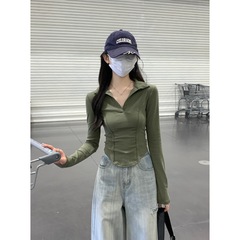 巨显瘦鱼骨设计polo领显瘦棉质长袖T恤秋季新款修身气质上衣女装