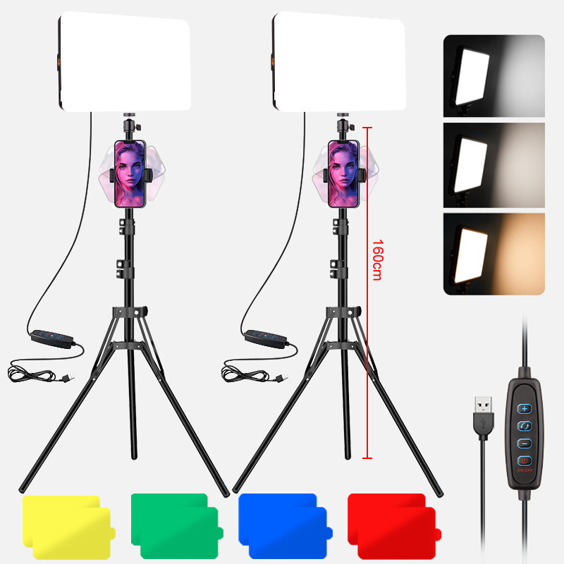 1.6m 접이식 스탠드 + 3톤 조명 6inch 사각 조명 + 휴대폰 클립(이중 조명 커버)