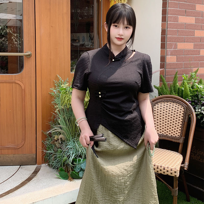 300kg chubby girl plus size modified cheongsam short sleeve jacket skirt two-piece Republic of China retro 2024 summer new