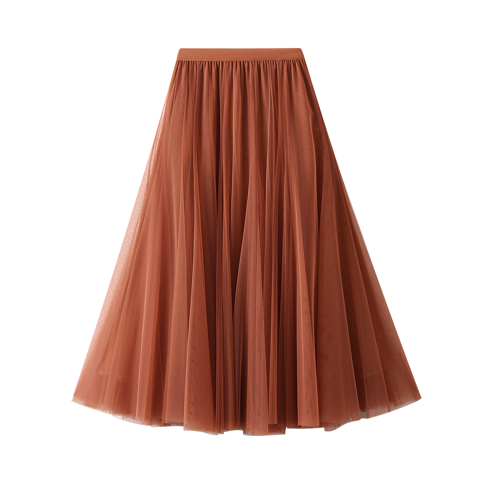 Ein fließender mittelbrauner bzw. rostfarbener High-Waist-Plisseetüll-Midirock mit weitem Rockteil und elastischem Bund.