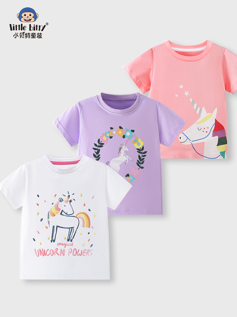 European and American style 2026 spring-summer girls' short-sleeve T-shirt, fashionable cartoon unicorn round-neck print top for young children