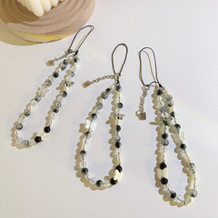 高級感漸變黑水晶蝴蝶結珠珠鏈條配飾通用手機殼掛鏈手機掛繩新款