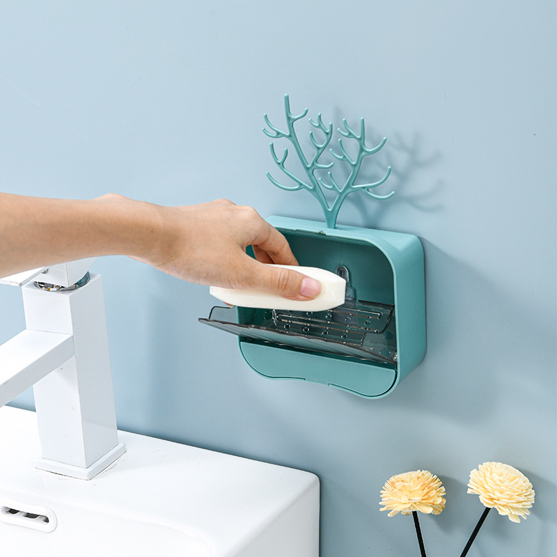 Creativo Flip caja de jabón de almacenamiento en rack pendientes accesorios para el cabello estante de almacenamiento baño caja de jabón de drenaje sin agua montado en la pared