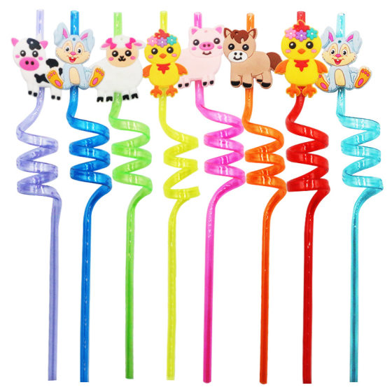 Amazon New Farm Animal Curved Straw Cartoon Accessories Small Gift Birthday Party Repeatable Straw