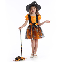 新款萬聖節橘色灰姑娘公主裙兒童連衣裙cosplay女巫舞台演出服裝