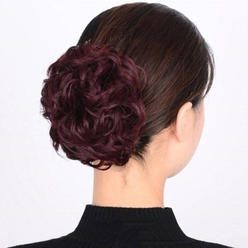Synthetic hair female grab clip ring flower bud head lazy half bun fluffy natural hair curler wig bag_voghion.com