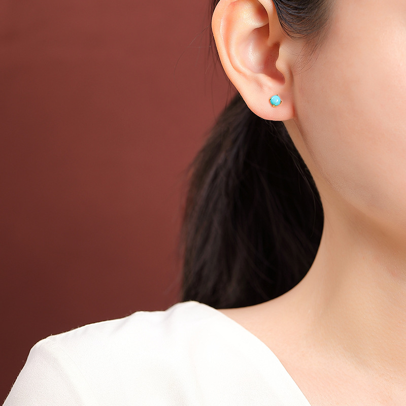 Bông tai ngọc lam mạ vàng Yilu Silver S925 hạt tròn đơn giản thời trang — Một cặp