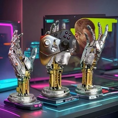 サイバーパンクロボットの置物阿修罗ゲームのハンドルのスタンドの指の手の串のデスクトップのスタンドの写真撮影の背景