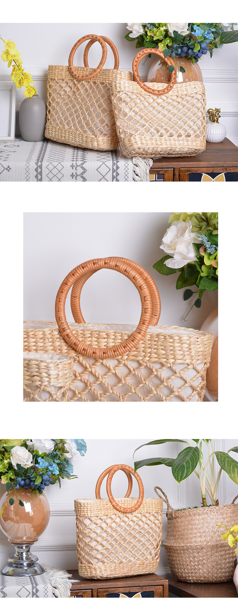 Women's Medium Straw Solid Color Vintage Style Round Zipper Handbag Straw Bag display picture 2