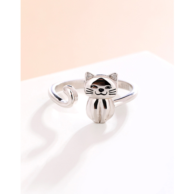 temu transfronterizo nuevo anillo de gato de plata esterlina 925 mujeres ins japonés y coreano diseño de nicho simple abertura de anillo de niña