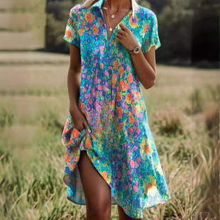 2024 European and American Fashion New Style New/amazon WISH Hot Buy Women's Short-sleeVed Printed Casual V Neck Dress