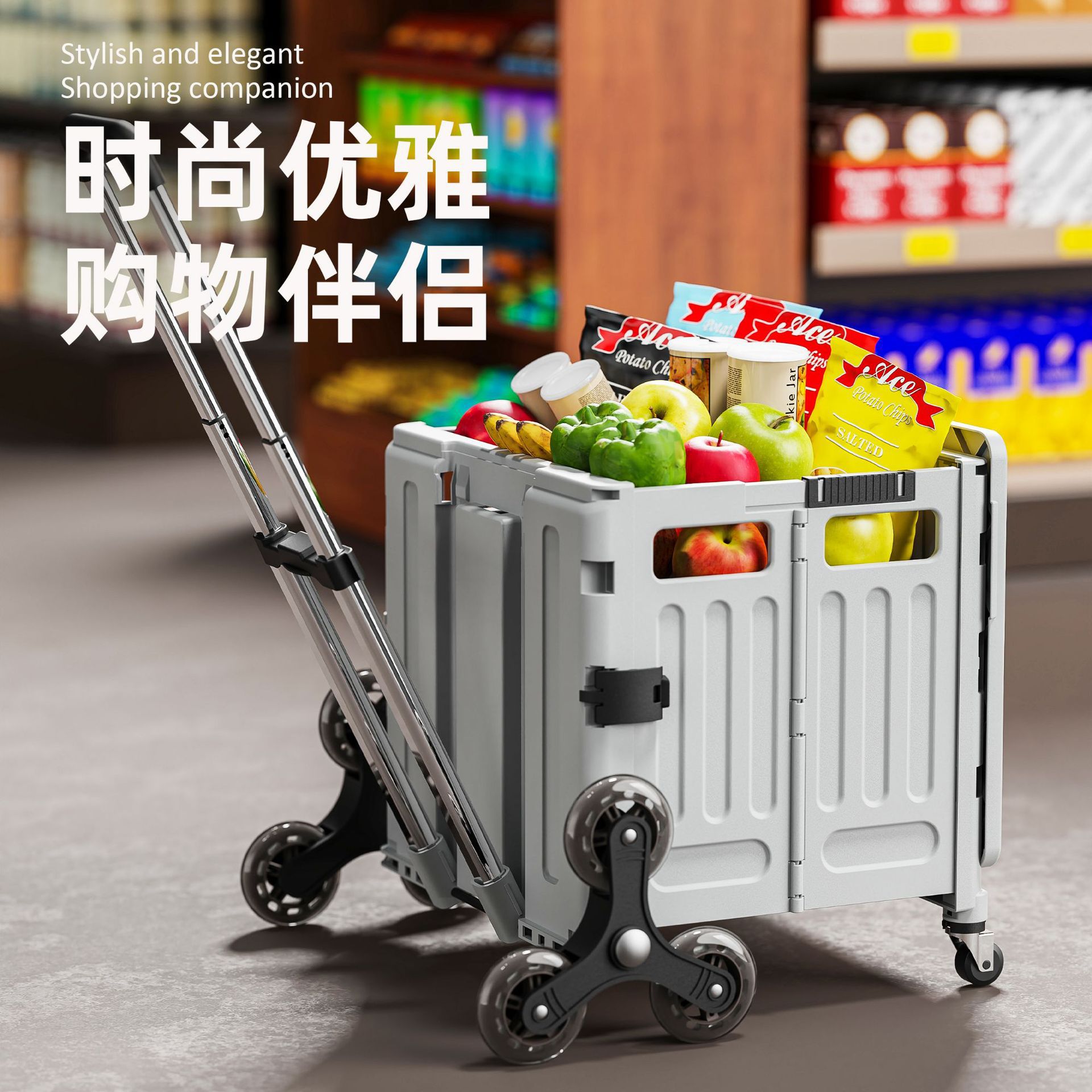 Shopping Cart Camping Supermarket Portable Folding Shopping Cart Grocery Cart Small Trolley Ladder Wheel Plastic Trolley