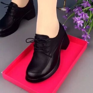 百搭新款粗跟单鞋女2025秋季时尚软皮妈妈系带圆头软底乐福皮鞋女|undefined
