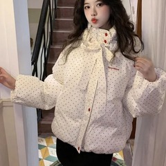 甘くて優しい風が可愛い杏色立襟波点綿服コート女子学生は冬に防寒保温綿服を厚くする
