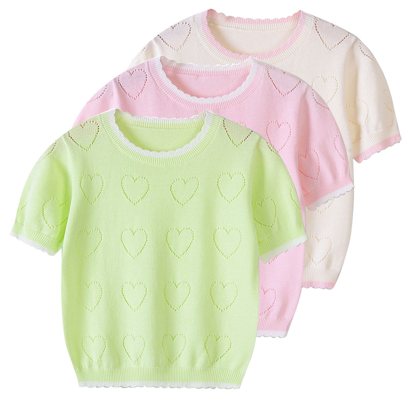 Camiseta hueca de amor de encaje de cuello redondo transfronterizo para niñas de manga corta de verano fino para niñas
