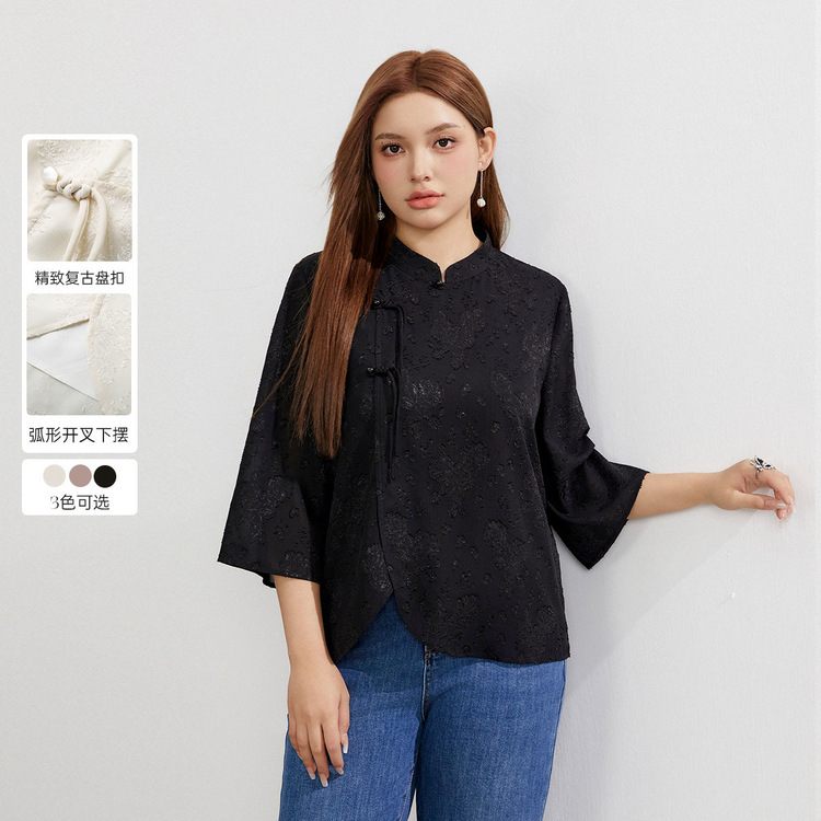 New Chinese style shirt, Fiber and Li show large size women's clothing, improved cheongsam temperament, slim top, fat mm summer clothing new style