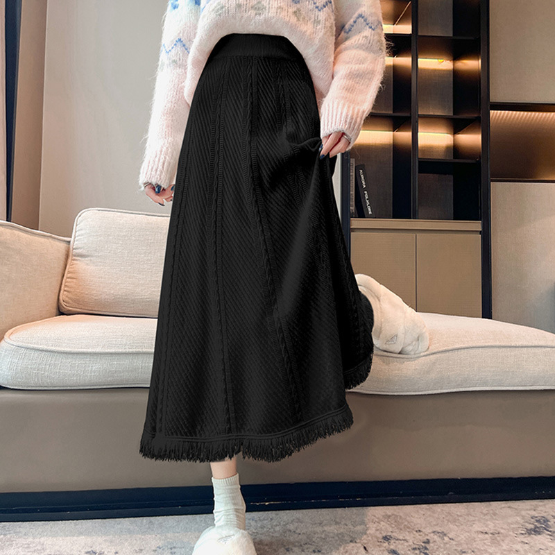 白色流苏针织半身裙女2025秋冬新款高腰显瘦中长款a字大摆伞裙潮|undefined