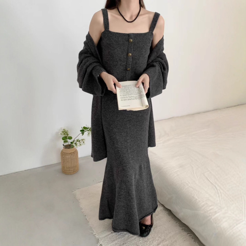 复古名媛风毛衣三件套女秋冬新款韩版吊带背心针织开衫半身裙套装|undefined