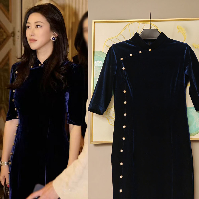 Zhu Zhu Same Velvet Cheongsam Daily Wearing National Style Retro Slim-fit Elegant dress Women's Spring and Summer New Arrival