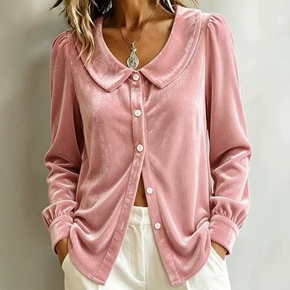 2026 European and American Cross-Border Amazon Independent Site Autumn and Winter Velvet Shirt with Buttons, Long-Sleeve New French-Style Top with a Turn-Down Collar