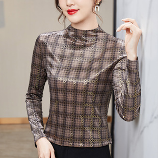 [Special Offer Non-Refundable] Mid-Collar Plaid Printed T-Shirt Women's Long-Sleeved Autumn Half Turtleneck Slim Stretch Bottoming Shirt