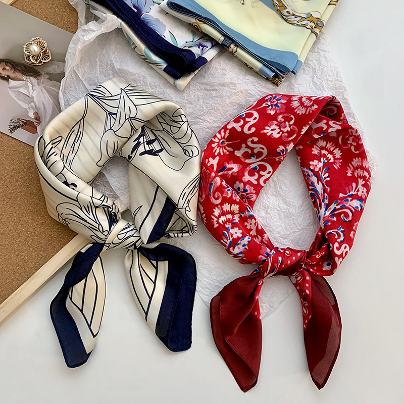 Bufanda de seda, bufanda cuadrada pequeña, sensación premium, nuevo estilo coreano, chal de seda de imitación dulce y fresco, bolso de flores, pañuelo en la cabeza, cinturón para el cabello