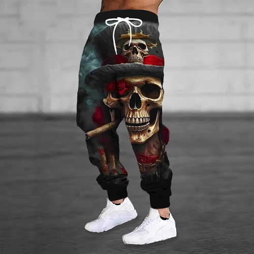 Men's Skull Print Pants Sporty Casual Laced-Up Ankle Guard Pants Loose Harem Pants Running Pants