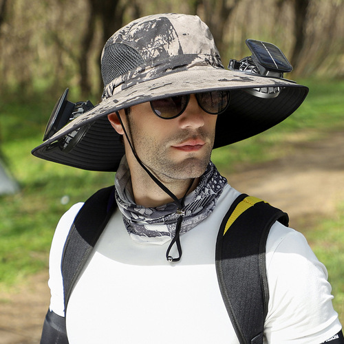 Solar-powered fan with built-in rechargeable battery, large wind capacity, steel brim, non-slumping edge, wide brim sun hat for men, summer use.