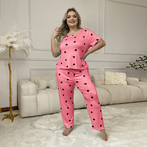 Elegant Oversized European and American Style Women's Sleepwear Loose Short-Sleeve Heart-Printed Long Pants Set Homecoming Pajamas