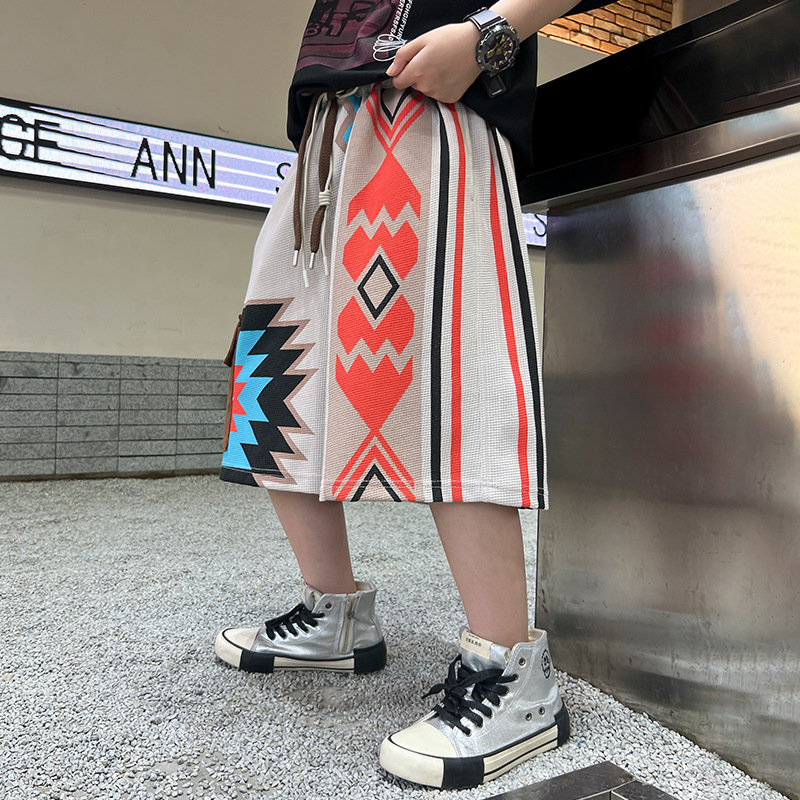 Short tricoté américain pour garçon, pantalon de plage cinq-en-un brodé à couleurs contrastées, nouvelle collection été 2024_voghion.com